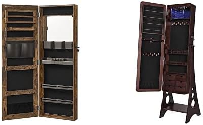 SONGMICS Armario de joyería de montaje en paredpuerta con espejo con espejo sin marco de cuerpo completo, marrón rústico UJJC003X01 y 8 LED Armario