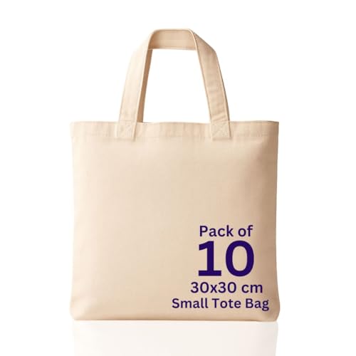 MINIMARG 100% Cotton Canvas Bags Plain Tote Bags to Decorate eco-friendly Canvas Reusable blank Tote Bags made with Premium Quality Fabric - Size 30x30cm+30cm Handle (Natural Pack of 10)