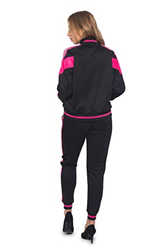 Victorious Women's Colorblock Reflective Stripe 2 Piece Tracksuit Set - Long Sleeve Sweatshirts And Sweat Pants Vl213 - Neon Pink - Small - Ee2H #TOP2