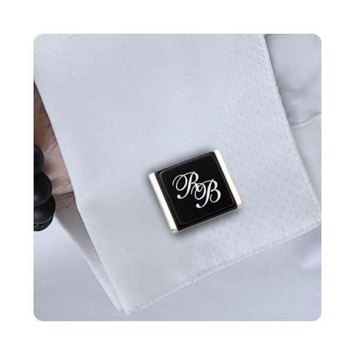 Mancuernillas grabadas para hombres con ónix negro y plata miniatura 1