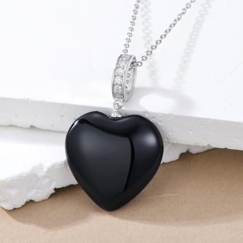 Natural Black Onyx Necklace for Women 925 Real Sterling Silver Genuine Heart Cut Black Onyx Necklace with Lab Created Diamond for Her Ladies Mom Birthday Anniversary Christmas, 18+2 inches2