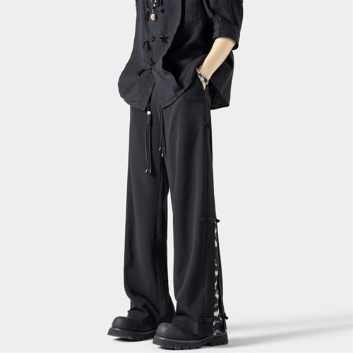 Seidarise Men's Chinese - Style Black Wide Leg Pants Knot Details Patterned Side Slits Ideal for Cultural Casual Looks2