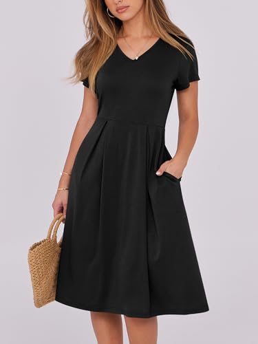 ANRABESS Women Summer Dress Casual Short Sleeve V Neck A-Line Knee Length Pleated Flowy 2025 Fashion Midi Dresses with Pocket2