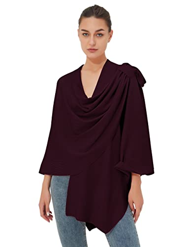 Womens Large Cross Front Poncho Sweater Wrap Topper Wine Red #TOP5