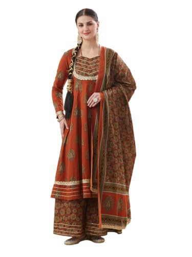 Image of MOKOSH Women's Cotton Print Anarkali Kurta Sharara with Dupatta | Anarkali Kurta Set | Queen Anne Neck Full Sleeve Ethnic Suit | Floral Kurta 3 Colour Option Available | 3 Piece Outfit