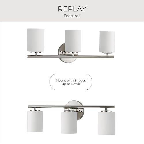 Image of Progress Lighting 3-Light Etched Glass Modern Bath Vanity Light, Replay Collection , Indoor, P2159-104, Polished Nickel