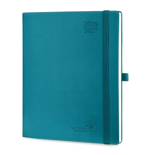 POPRUN Agenda 2026 2027 Semainier Vertical 26,5 x 21,5cm D'Août 2026 à Déc 2027-17 Mois Planner Scolaire,Couverture Souple en PU Cuir,Intervalles de 30 minutes,Papier 80g/m²,Vert Pacifique