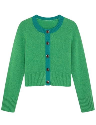 Springrain Womens Cropped Cardigan Long Sleeve Button Down Sweater Coat Color Block Casual Knit Jacket Outerwear
