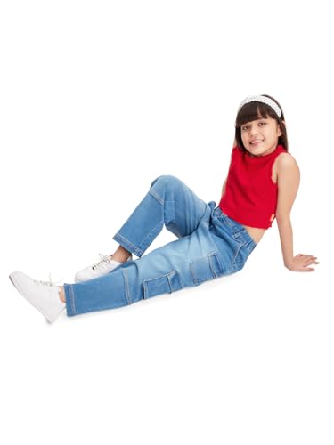 Image of olele Girls Super Jeans Collection for 4-14 Yrs | Stretchable Cotton Denim Trousers | Blue Jeans for Kids | Baggy Denim Pants | Cargo Pants for Girls