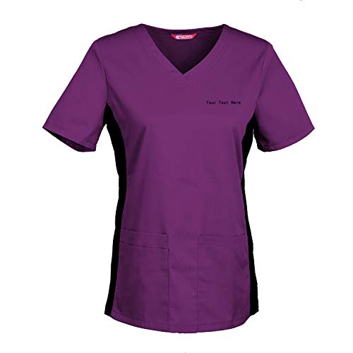 Women's Embroidered Scrub Top Personalized with Your Text Eggplant