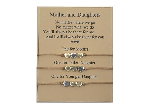 Mother and Daughters Heart Bracelet Set, 3 Matching Adjustable Bracelets with Message Card, Mother's Day Gift for Mom and Two Daughters, Gift for Sister and Mother (2 Gold and 1 Silver Heart, Gold)