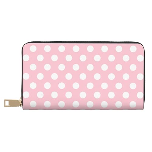 Light Pink Polka Dot Print Wallet Women, Leather Bifold Multi Card Wallet, Long Purse Women's Wallets