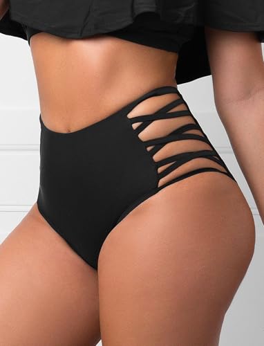 High Waisted Bikini Bottoms for Women Tummy Control Retro Black Full Coverage Strappy Bathing Suit Bottoms2