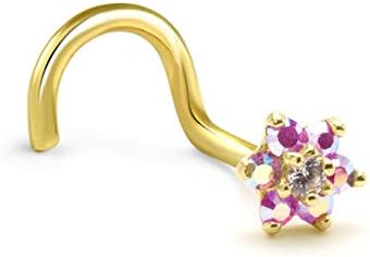 14k Yellow Gold Nose Bone Stud Ring 4.5mm Pink Aurora AB Christina Flower Cluster 20G