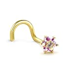14k Yellow Gold Nose Bone Stud Ring 4.5mm Pink Aurora AB Christina Flower Cluster 20G