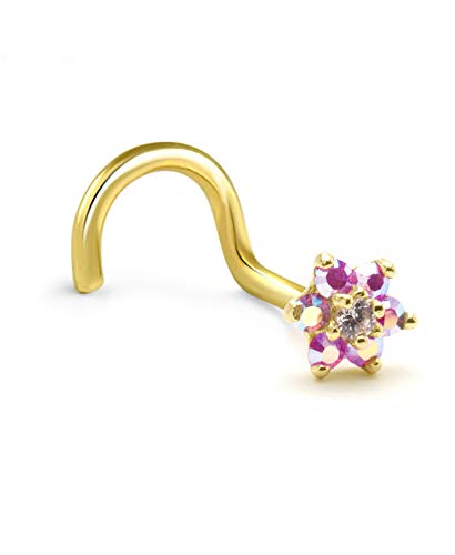 14K Yellow Gold Nose Bone Stud Ring 4.5Mm Pink Aurora Ab Christina Flower Cluster 20G #TOP3