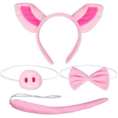 LAMEK 4PCS Pig Costume Set Pig Ears Headband Nose Tail Bow Tie Kit Pink Animal Fancy Dress Cosplay for Kid Adult Carnival Masquerade Children's Birthday Party World Book Boy Girl Costume Accessories Cover