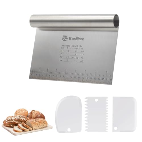 Bosillsm Set di 4 biglietti per impasti in acciaio inox con scala di misurazione, 22 x 11,5 cm, raschietto per pasta e spatola per pizza, torte, torte e utensili da forno