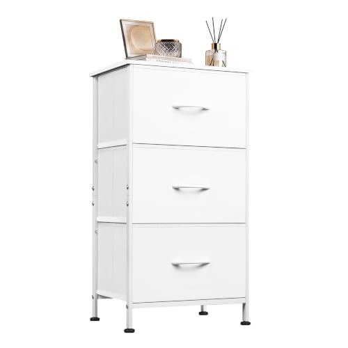 WLIVE Nightstand with 3 Drawers Fabric Dresser Organizer Unit Storage Dresser for Bedroom Hallway Entryway Closets Sturdy Steel Frame Wood Top Easy Pull Handle White