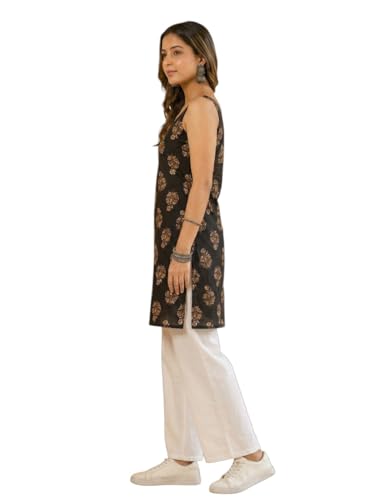 Image of Women's Black Ethnic Printed Kurti | Sleeveless Straight Kurta | Soft 100% Cotton Daily