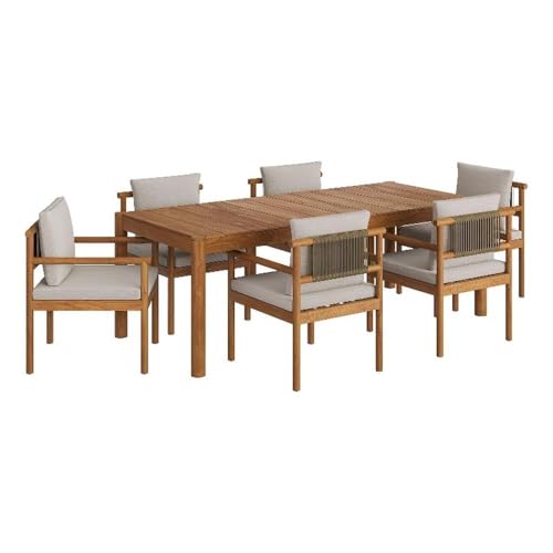 Modway Eleni 7 Piece Outdoor Teak Wood Dining Set in Natural Sail – 89 Inch Rectangular Patio...