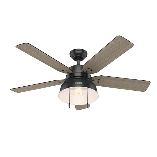 Hunter 52 inch Outdoor or Indoor Ceiling Fan with LED Light - Black Rustic Ceiling Fan with Pull Chain, For Bedroom, Living Room, or Patio, Standard Mount, No Remote - Mill Valley 59307, Matte Black