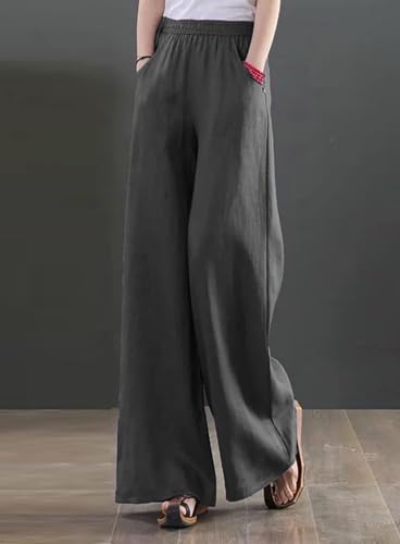 Image of KOTTY Women's Crumble Fabric High Waist Solid Color Drawstring Wide Leg Trousers Loose with Pockets