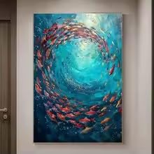 Tableau abstrait bleu poissons œuvre poétique et apaisante