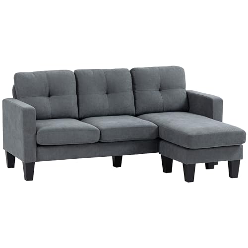 HOMCOM Ecksofa, Eck-Couch mit umkehrbarer Chaiselongue, Sofa in L-Form, Gepolstert Eckcouch mit Federkern, Stahlrahmen Leinenoptik, 186 x 130 x 84 cm, Dunkelgrau