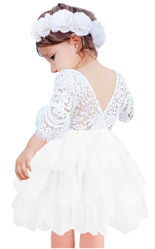 2Bunnies Girl Peony Lace Back A-Line Tiered Tutu Tulle Flower Girl Dress (White Bell Sleeve, 2T)
