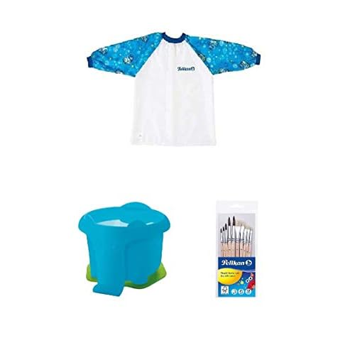 Pelikan 105346 - Blaue Malschürze mit Klettverschluss + Wasserbox Elefant blau, Wasserbecher + Pinsel Starter-Set mit 5 Haar- und 5 Borstenpinseln