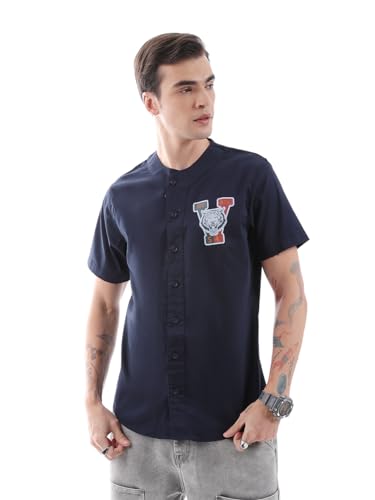 Image of The Indian Garage Co Men Regular Fit Placement Print Half Sleeves Baseball Collar Casual Shirt