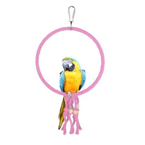 LuckyOpt Columpio para pájaros, 20 cm de diámetro, colgante con cuentas de colores, cuerda de algodón, juguete para periquitos, cacatúas, canarios (rosa)
