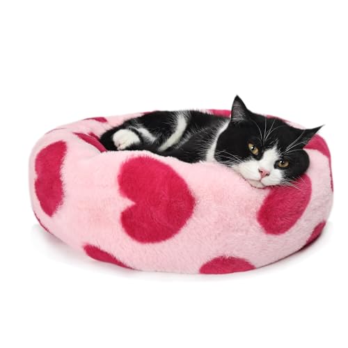 wrkfree Lettino per gatti piccolo, lavabile, a forma di ciambella, carino con lati per gatti, cuore rosa, per ragazze, calmante ortopedico, 50,8 cm