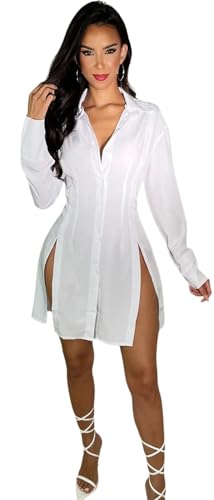Image of Shirt Dress for Women Sexy Button Down Date Night Dresses Ruched Slit Stand Collar Long Sleeve Blouses
