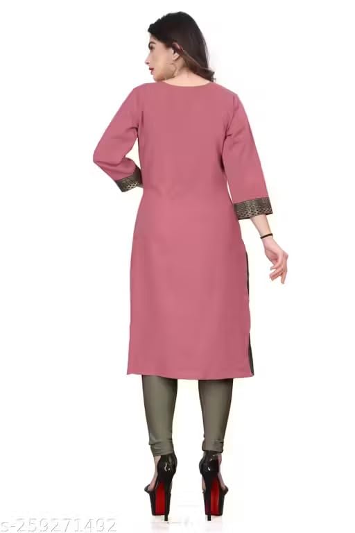 Image of Women Straight Woven Design Cotton Blend Round Neck 3 /4 Sleeve Kurti Only