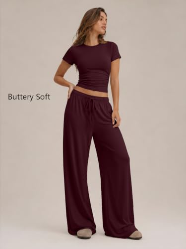 Image of Trendy Queen 2 Piece Matching Summer Lounge Set Womens Side Ruching Top Wide Leg Pants Sets with Pockets