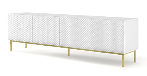 BIM Furniture TV-Schrank Ravenna C 200 cm 4D mit gefräster Front Hochwertiges MDF Lowboard Schrank TV Tisch Sideboard Kommode Hi-Fi Tisch Fernsehtisch (Weiß) Hochglanz