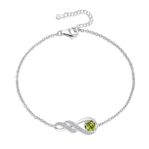 LOCIBLO August Birthstone Bracelets for Women 925 Sterling Silver Green Created Peridot Bracelet White Gold Infinity Pendant Jewellery 6.7+1.2