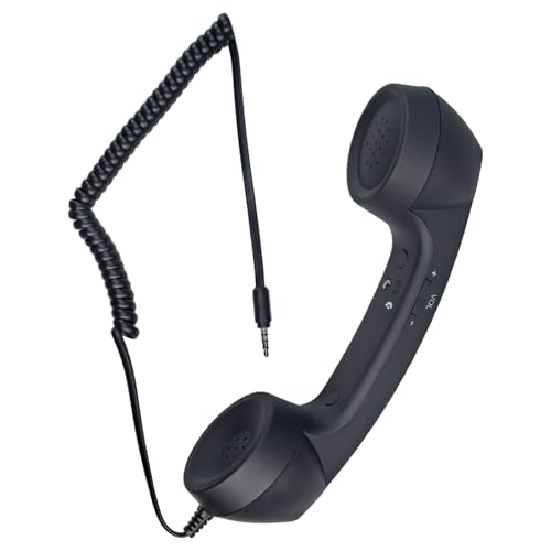 Flylin 3.5mm Jack Wire Cell Phone Receiver, Handheld Old Telephone Headset with Answer Button/Volume Keys, Retro Phone Handset for Mobile Phones/Cellphone/Smartphone (Black)