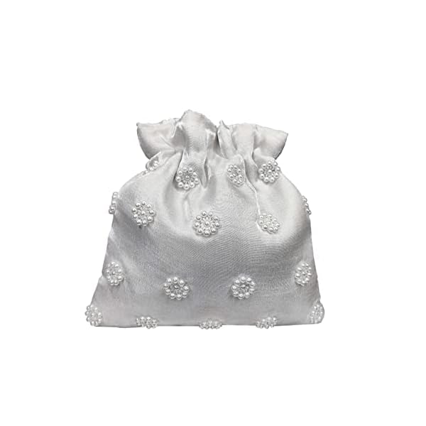 FRINGES Silver Pearl Embellished Beaded Tassel Potli Bag For Weddings - Image 4