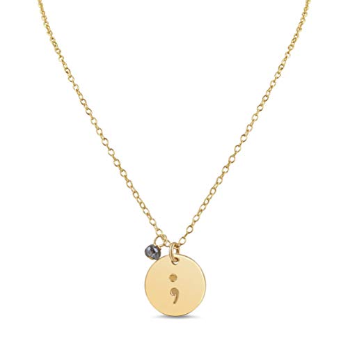 Handmade Gold Semicolon Gemstone Charm Necklace - 20 Inches Gold Fill - Suicide Prevention Awareness Memorial Jewelry - Gift Present for Survivor Her Woman Girl Teenager Daughter