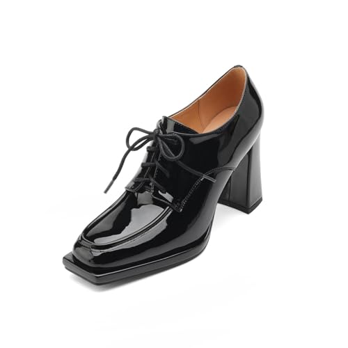 TinaCus Zapatos de tacón alto Oxford hechos a mano de charol con puntera cuadrada y cordones para mujer, Negro -, 37.5 EU