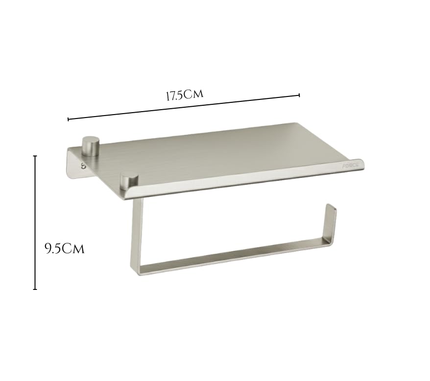 Image of Force Toilet Paper Roll Holder with Built-in Mobile Stand Shelf - Premium Stainless Steel Wall-Mounted Bathroom Tissue Holder | Rust-Resistant, Space-Saving, Modern Design