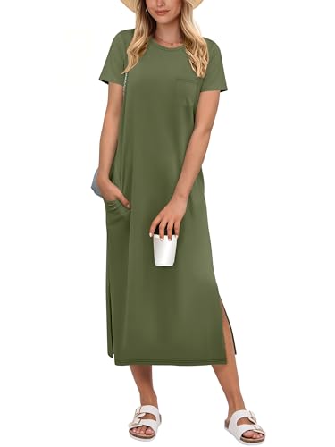Image of ANRABESS Womens Midi Dress,Summer Long Tshirts Dresses,Short Sleeve Split Stripe,Comfy Travel Beach Vacation Casual Wear