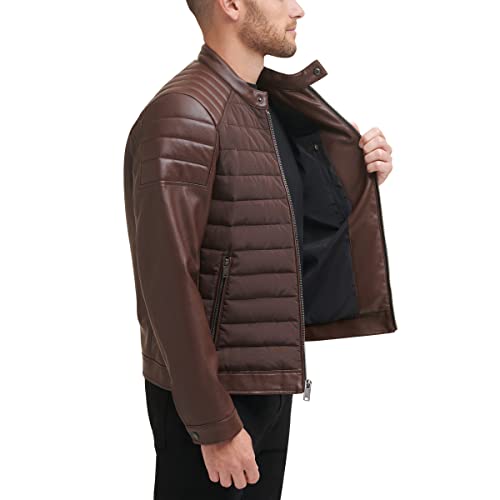 Image of DKNY Men's Mixed Media Faux Leather Puffer Motocross Racer Jacket