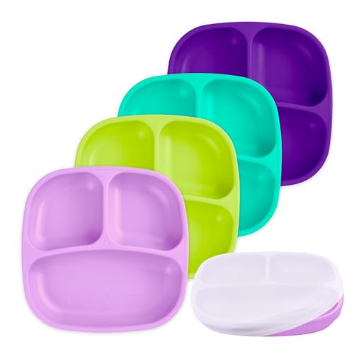 Image of Re-Play - 4 Pack 7.37" Divided Plates with Deep Sides for Baby, Toddler & Child Feeding - BPA Free - Made in USA from Recycled Milk Jugs - Mermaid With 1 Silicone Lid