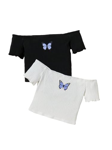 WDIRARA Girl's 2pcs Set Butterfly Print Ribbed Knit Off The Shoulder T Shirt Textured Slim Fit T Shirts