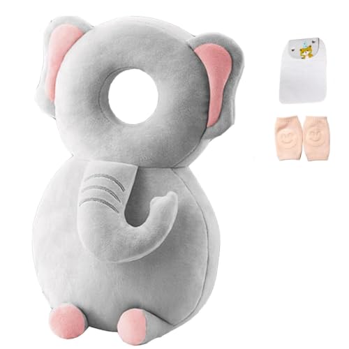 Image of Baby Head Protector Backpack, Toddler Baby Head Protection Backpack with Baby Knee Pads Alarm Function for Walking & Crawling, Soft, Breathable and Wearing Safety Baby Head Protector - Grey Elephant