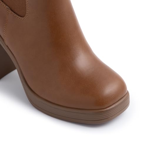 Athlefit Women's Chelsea Platform Boots High Chunky Heel Ankle Boots Square Toe Slip On Elastic Heeled Taupe Booties Size 5.5 — view 5